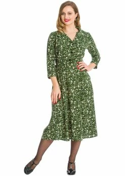 Banned Winter Blooms 40's A-Line Dress Green