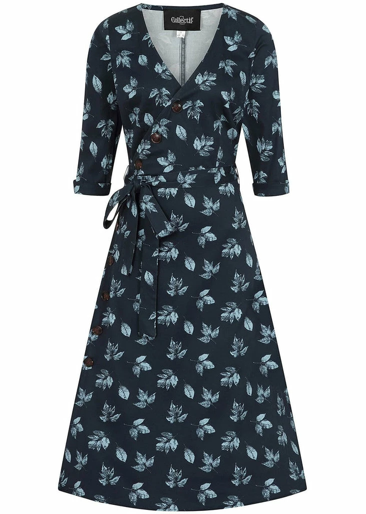 Collectif Susanna Fall Leaves 50's Swing Dress Blue