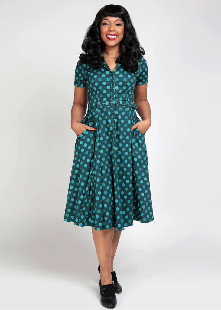 Collectif Caterina Jewel Polka 50's Swing Dress Green - Image 2