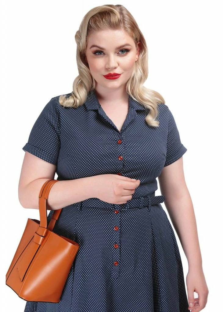 Collectif Caterina Polkadot 50's Swing Dress Navy - Image 4