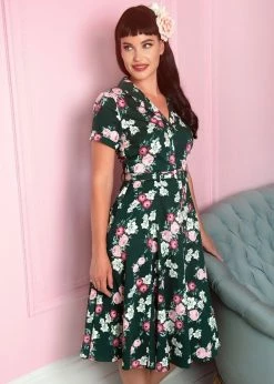 Collectif Caterina Vintage Bloom 40's Swing Dress Green