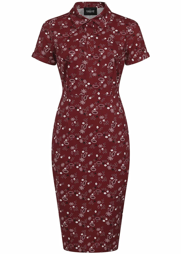 Collectif Mirtilla Bandana 40's Pencil Dress Burgundy