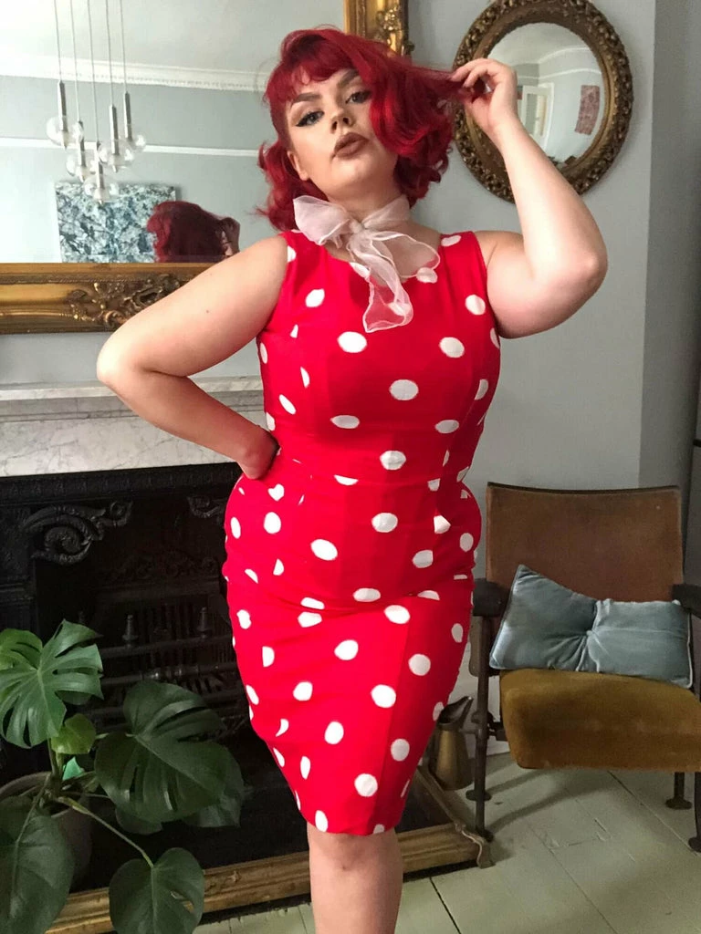 Collectif Hepburn Painted Polka 50's Pencil Dress Red