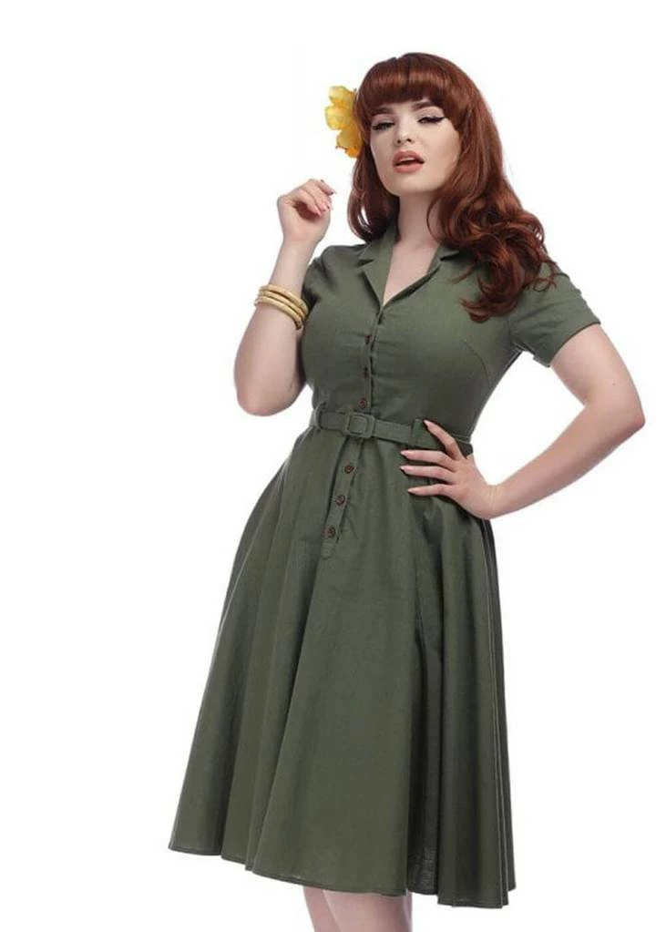 Collectif Caterina Vintage 40's Swing Dress Olive - Image 3