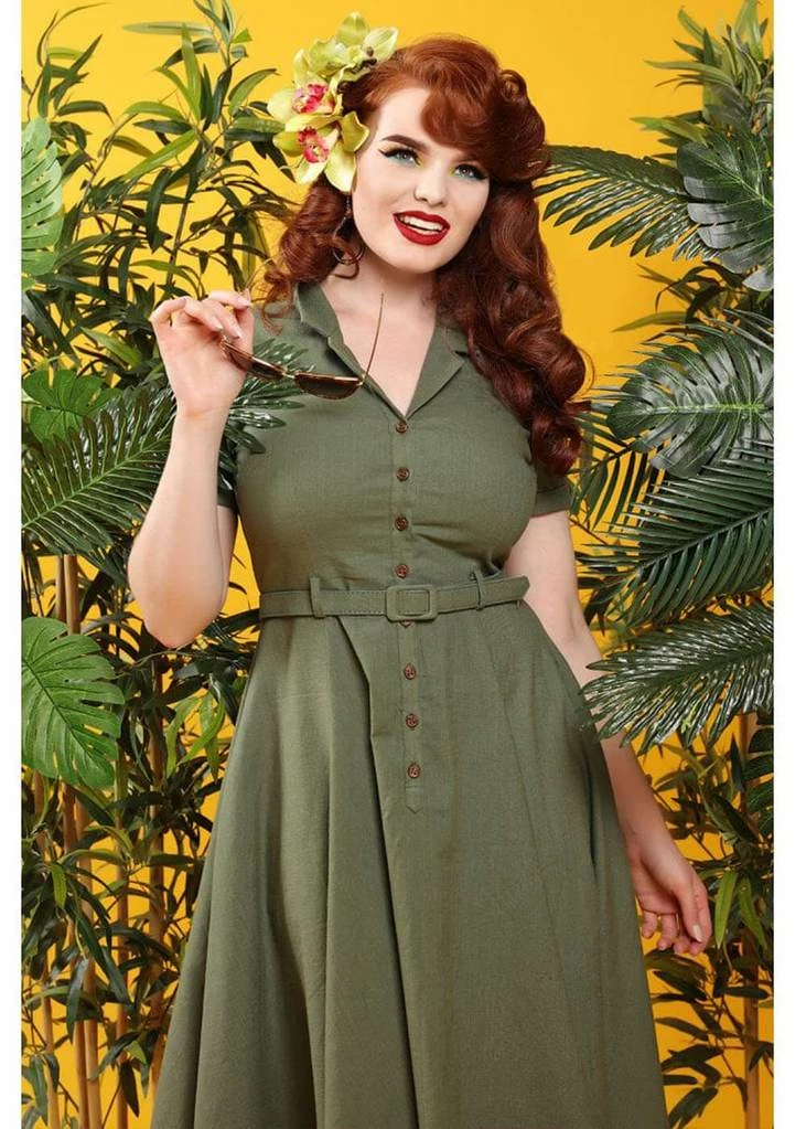 Collectif Caterina Vintage 40's Swing Dress Olive