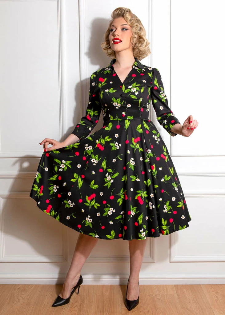 Hearts & Roses Natasha Cherry 50's Swing Dress Black - Image 2
