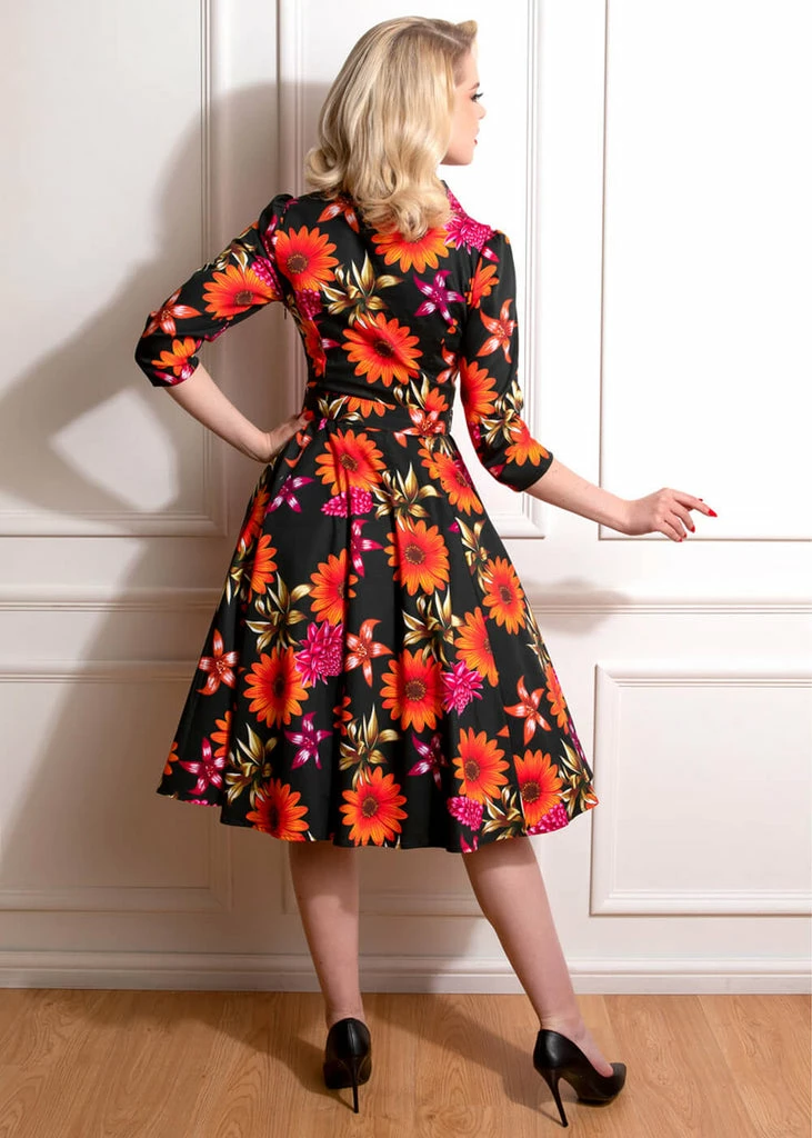 Hearts & Roses Eden Floral 50's Swing Dress Black - Image 6