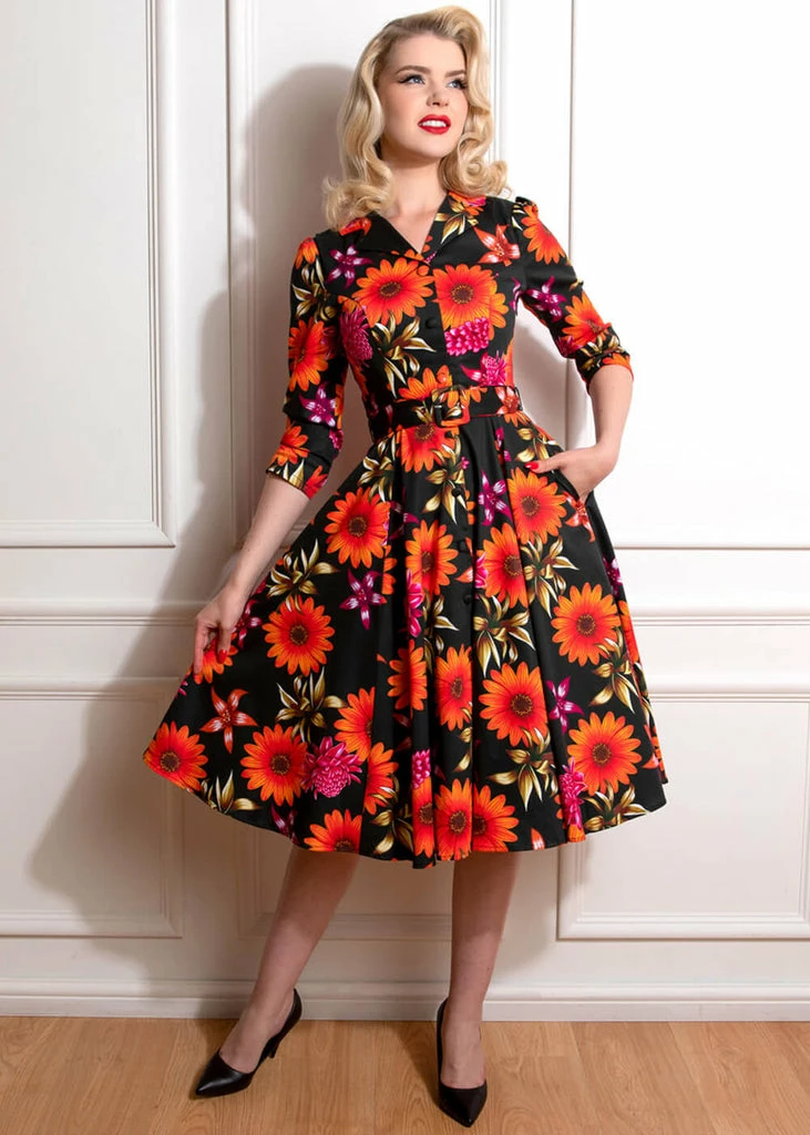 Hearts & Roses Eden Floral 50's Swing Dress Black - Image 2