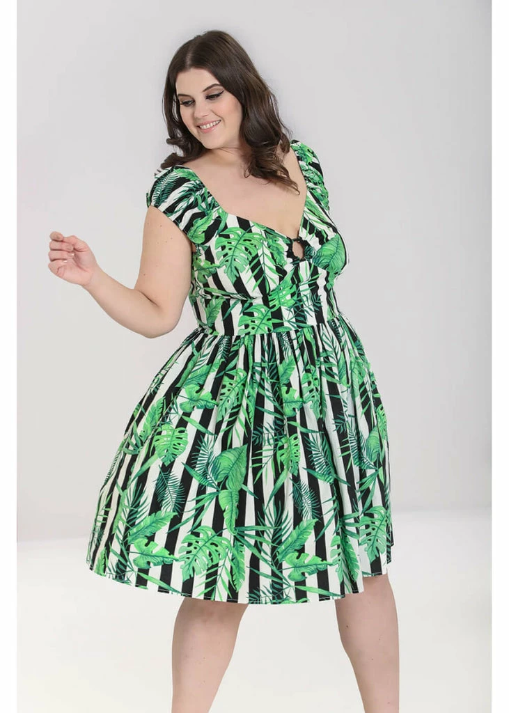 Hell Bunny Solana Leaves 50's Mid Swing Dress Black White - Image 6