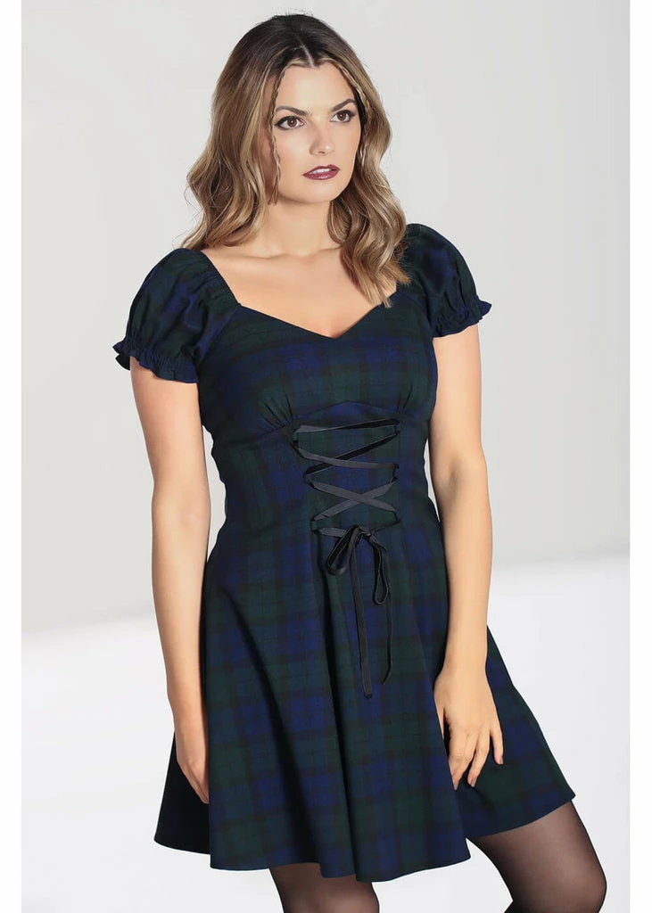 Hell Bunny Nora Dublin Tartan 60's Mini Dress Green - Image 2