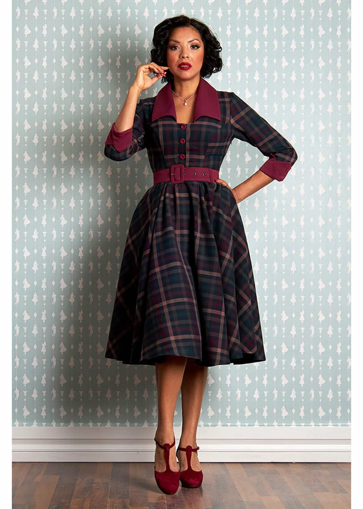 Miss Candyfloss Natalia Bo Tartan 50's Swing Dress Wine - Image 2