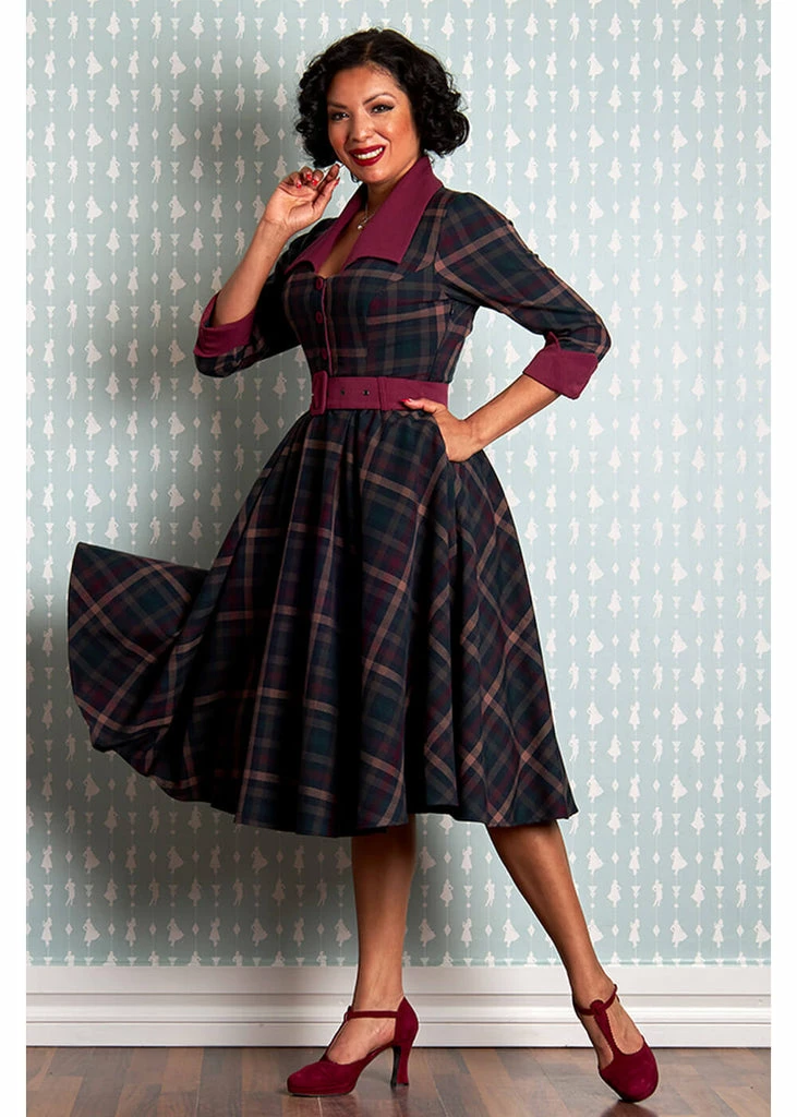 Miss Candyfloss Natalia Bo Tartan 50's Swing Dress Wine - Image 4