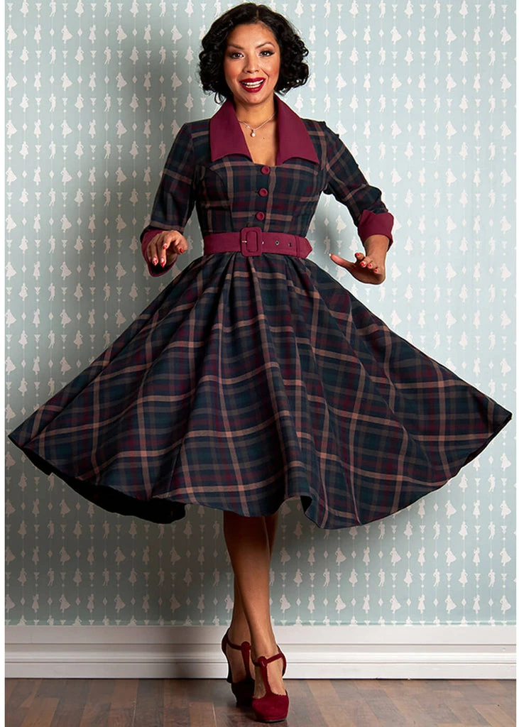 Miss Candyfloss Natalia Bo Tartan 50's Swing Dress Wine - Image 6