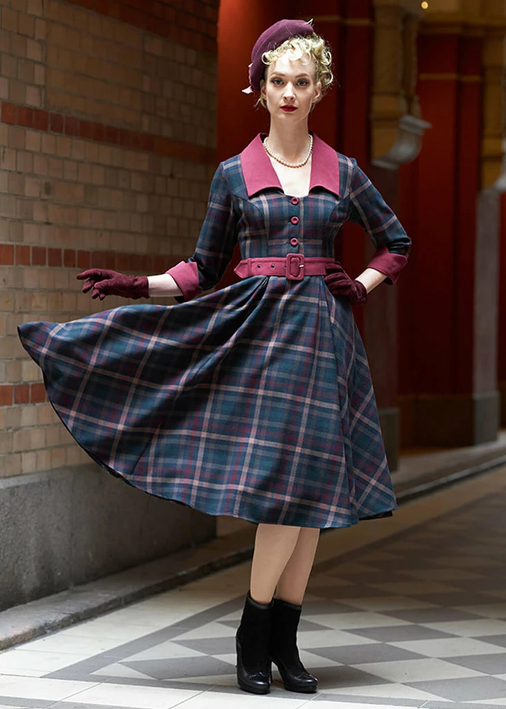 Miss Candyfloss Natalia Bo Tartan 50's Swing Dress Wine
