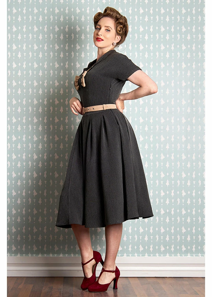 Miss Candyfloss Adelia Sadie Stripe 40's Swing Dress Beige - Image 5