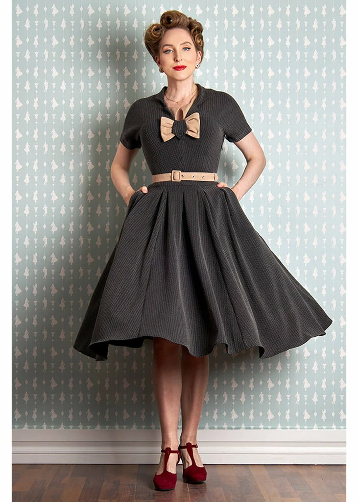 Miss Candyfloss Adelia Sadie Stripe 40's Swing Dress Beige - Image 4