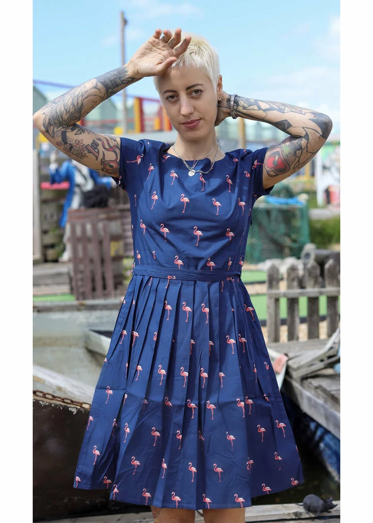 Run And Fly Flamingo Pose 50's Dress Navy