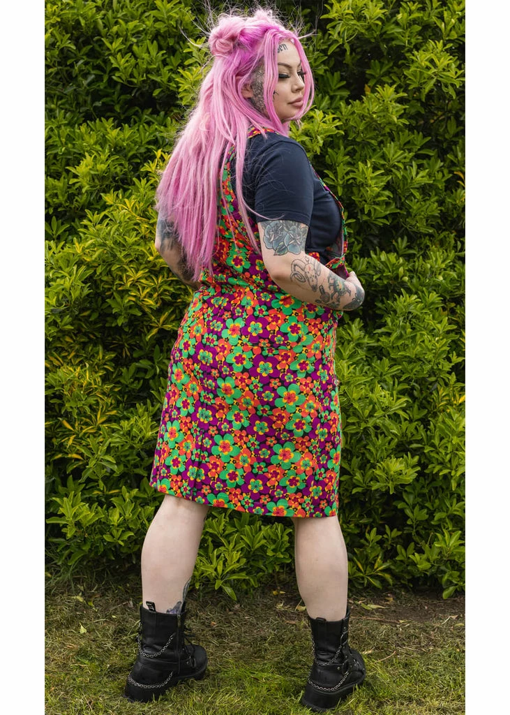 Run & Fly 70's Floral Corduroy Midi Pinafore Dress Purple Green - Image 4