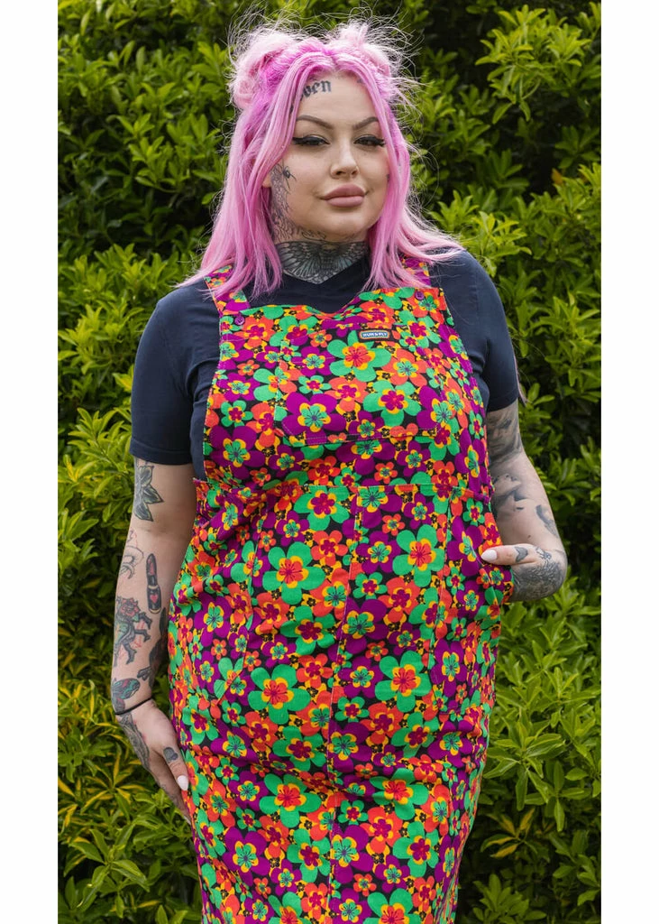 Run & Fly 70's Floral Corduroy Midi Pinafore Dress Purple Green - Image 3