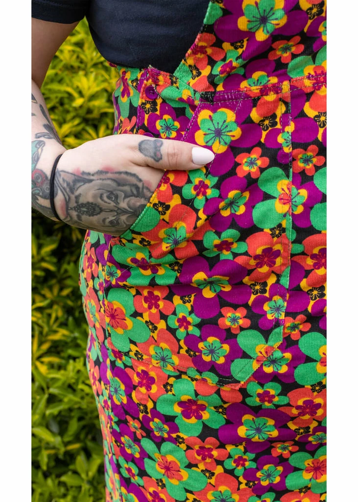 Run & Fly 70's Floral Corduroy Midi Pinafore Dress Purple Green - Image 2