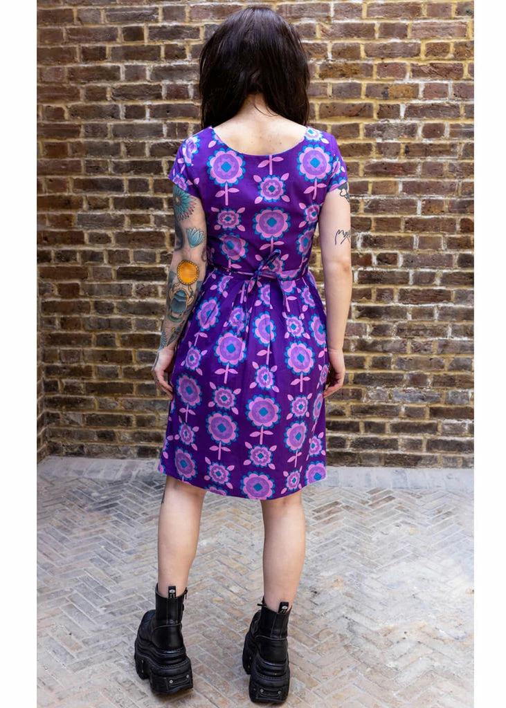 Run & Fly Retro Floral 70's A-Line Dress Purple - Image 4