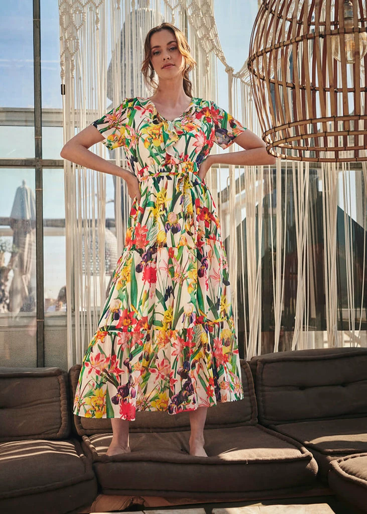 Smashed Lemon Tropical Flowers 70's Maxi Dress White - Image 2