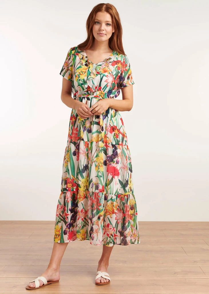 Smashed Lemon Tropical Flowers 70's Maxi Dress White - Image 4