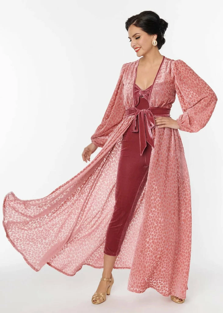 Unique Vintage Hollywood Heart Flocked 40's Duster Pink - Image 2