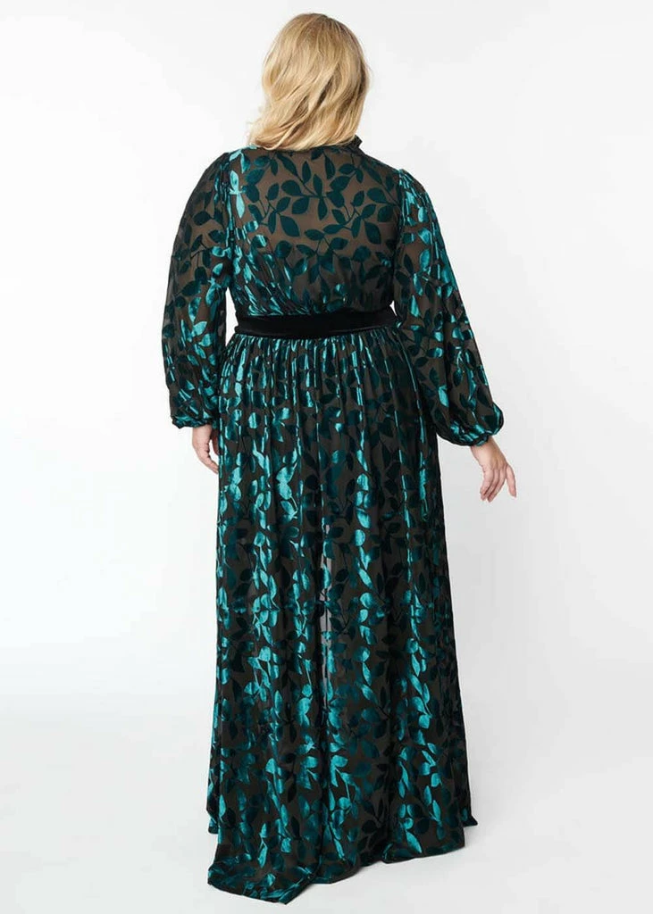 Unique Vintage Hollywood Leaf Devore Velvet 50's Duster Emerald Green - Image 6