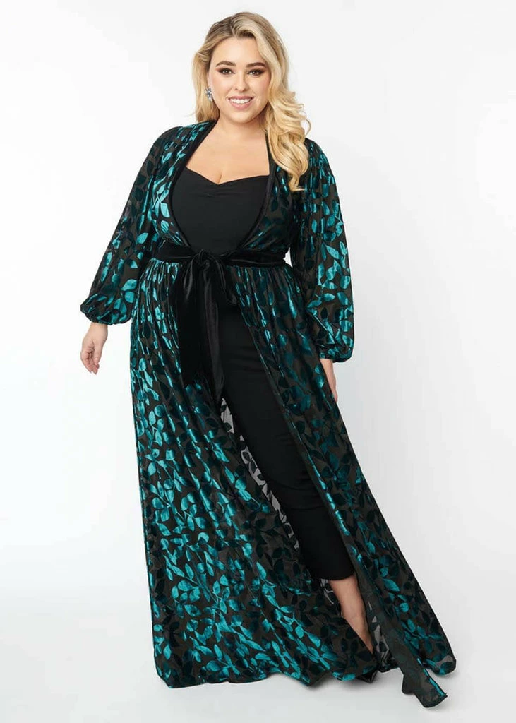 Unique Vintage Hollywood Leaf Devore Velvet 50's Duster Emerald Green - Image 4
