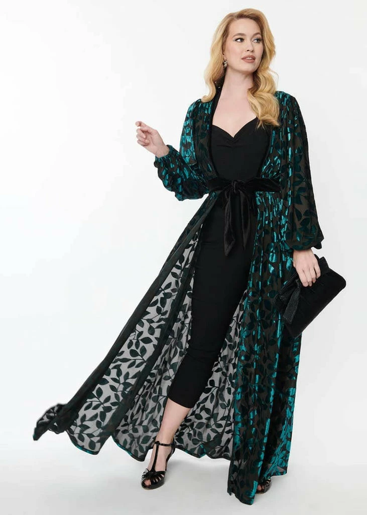 Unique Vintage Hollywood Leaf Devore Velvet 50's Duster Emerald Green - Image 5