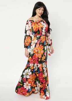 Unique Vintage Sweet Escape 70's Maxi Dress Black Pink