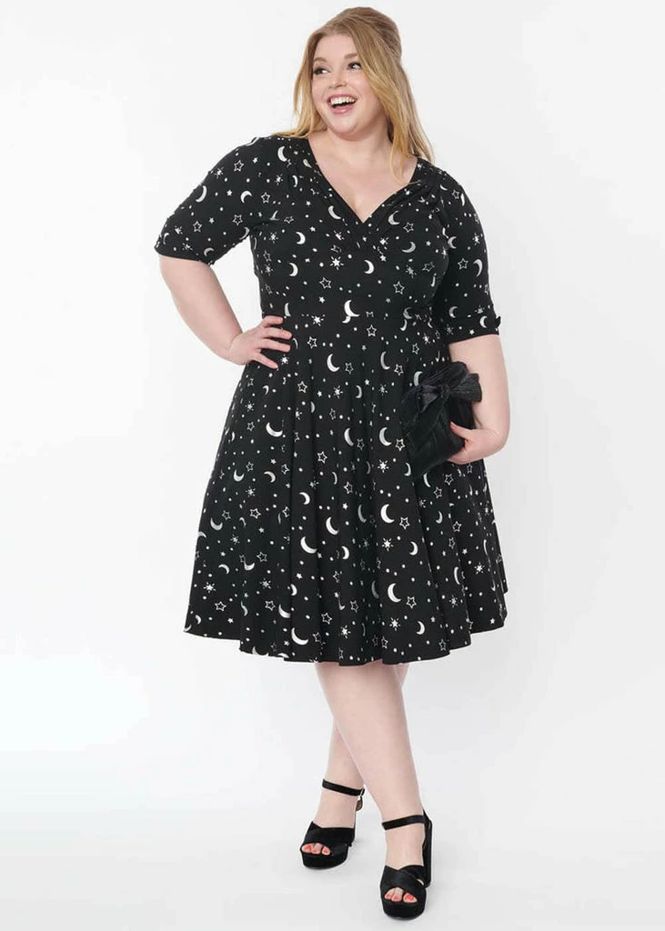 Unique Vintage Delores Galaxy 50's Swing Dress Black Silver - Image 4