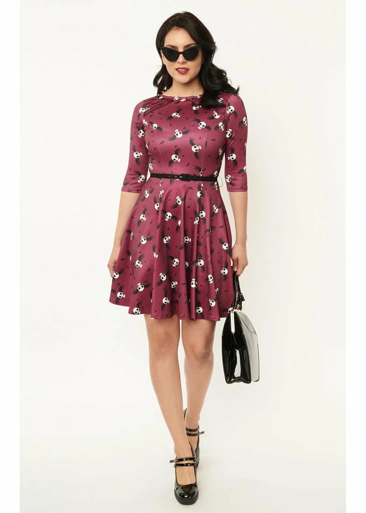 Unique Vintage X Corpse Bride Stephanie Flying Skulls A-Line Dress Wine - Image 4