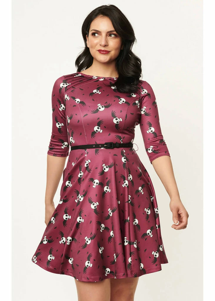 Unique Vintage X Corpse Bride Stephanie Flying Skulls A-Line Dress Wine