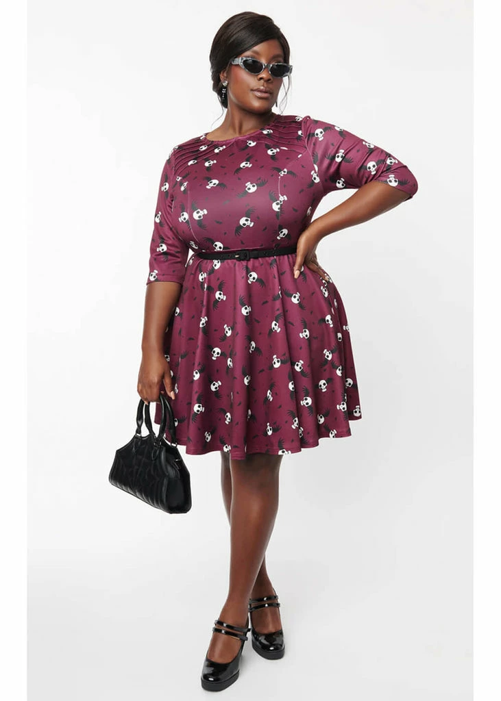 Unique Vintage X Corpse Bride Stephanie Flying Skulls A-Line Dress Wine - Image 5