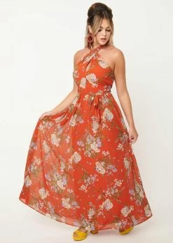 Unique Vintage Smak Parlour Budding Romance Floral 70's Maxi Dress Orange