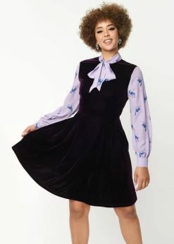 Unique Vintage Smak Parlour She.E.O. Scaredy Cat 60's A-Line Dress Black Purple