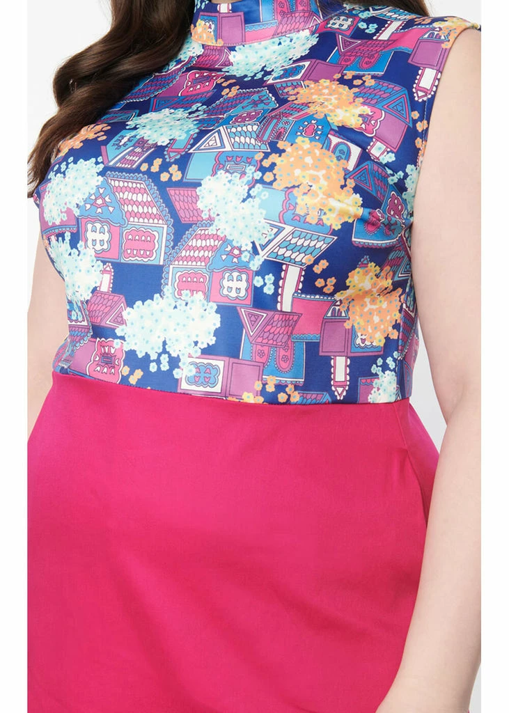 Unique Vintage Smak Parlour Fancy Houses 60's Mini Dress Fuchsia - Image 5