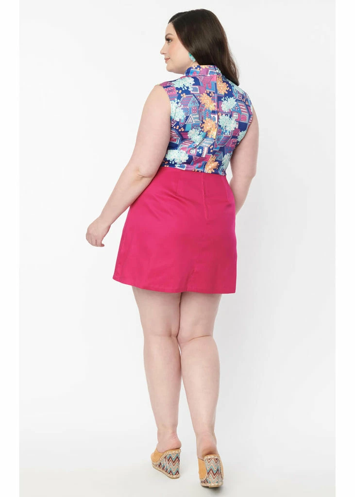 Unique Vintage Smak Parlour Fancy Houses 60's Mini Dress Fuchsia - Image 6