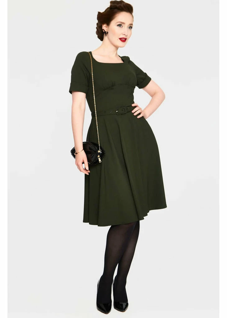 Voodoo Vixen Lucia 50's Midi Swing Dress Olive Green - Image 3