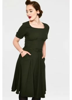 Voodoo Vixen Lucia 50's Midi Swing Dress Olive Green