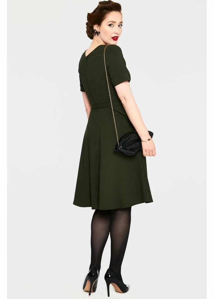 Voodoo Vixen Lucia 50's Midi Swing Dress Olive Green - Image 5