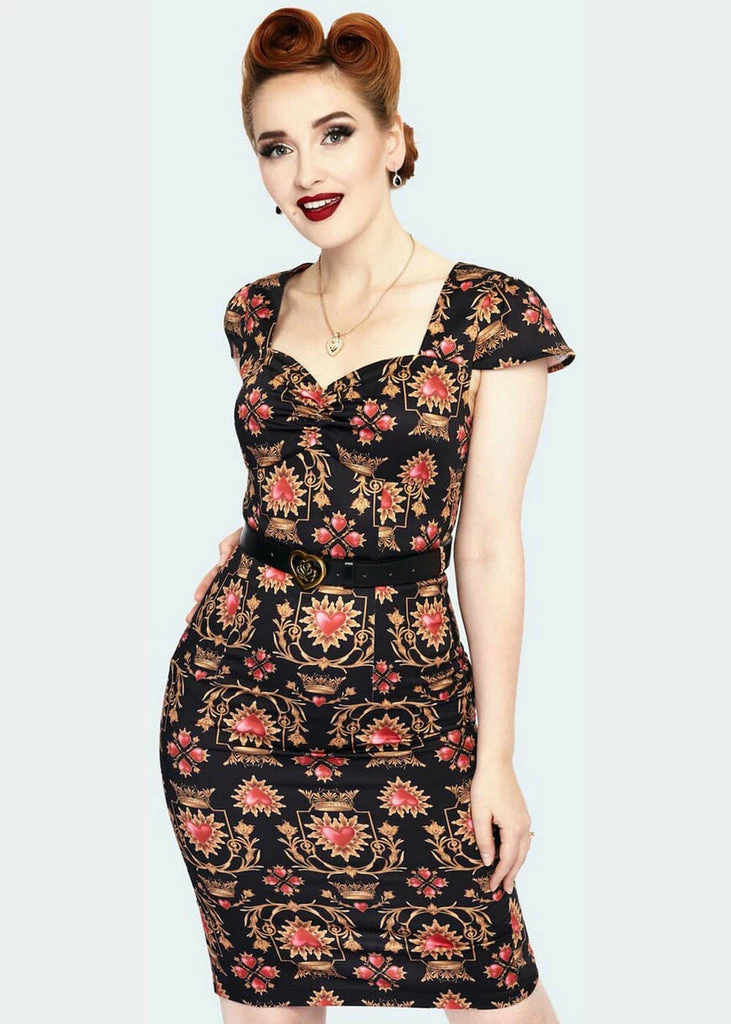 Voodoo Vixen Queen Of Sacred Hearts 50's Pencil Dress Black