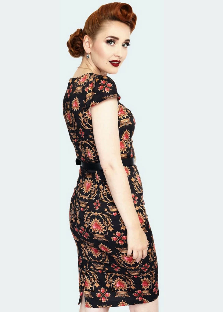 Voodoo Vixen Queen Of Sacred Hearts 50's Pencil Dress Black - Image 3
