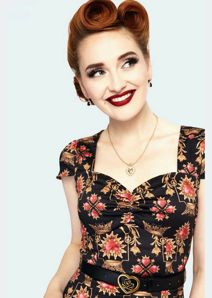 Voodoo Vixen Queen Of Sacred Hearts 50's Pencil Dress Black - Image 2