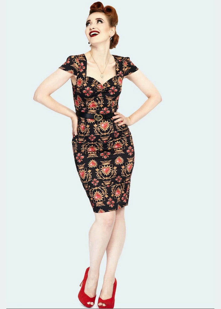 Voodoo Vixen Queen Of Sacred Hearts 50's Pencil Dress Black - Image 4